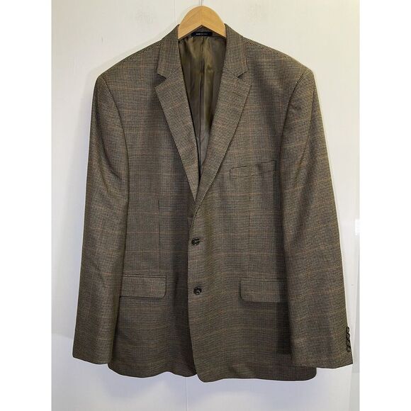 CLUB ROOM‎ Mens Blazer Sport Coat Two Button Jacket 46L Houndstooth Plaid Brown